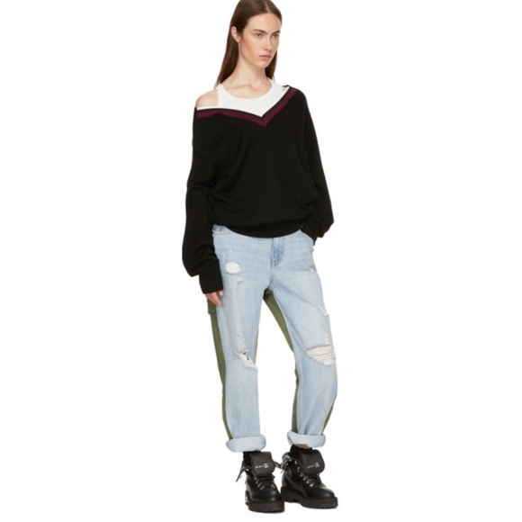 T by Alexander Wang Black Varsity Trim V-Neck Sweater